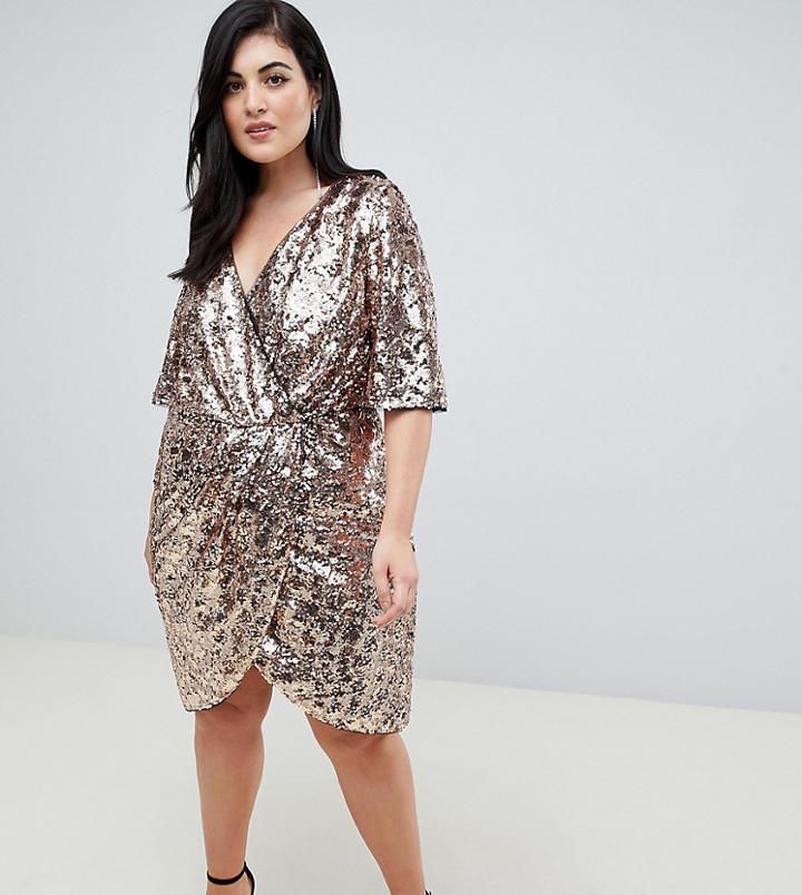 Tfnc Plus Sequin Kimono Sleeve Wrap Dress In Gold - Gold
