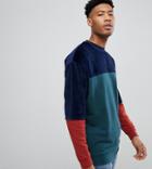 Asos Design Tall Oversized Longline Sweatshirt In Velour Color Block-green