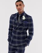 Moss London Slim Fit Double Breasted Suit Jacket In Blue Check - Navy