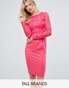 City Goddess Tall Long Sleeve Pencil Midi Dress In Lace - Pink