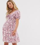 Asos Design Maternity Tie Front Mini Tea Dress With Puff Sleeves In Vintage Floral-multi