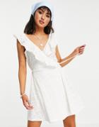 Asos Design Broderie Wrap Frill Dress-white