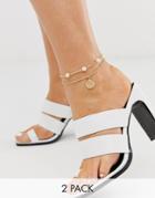 Asos Design Pack Of 2 Anklets With Metal Shell And Pearls In Gold Tone