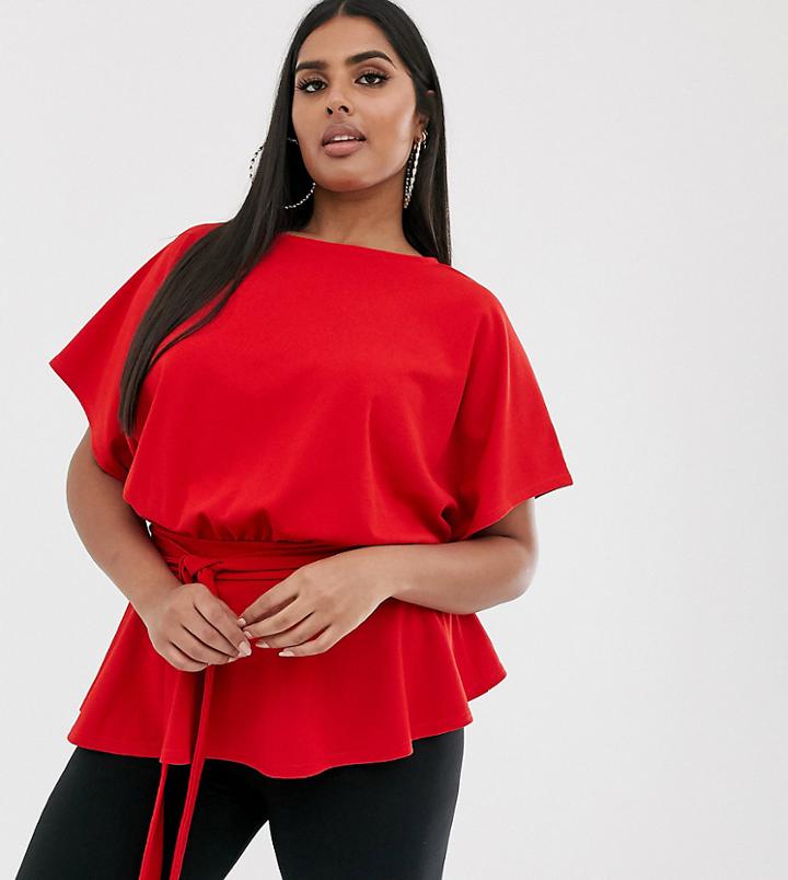 Boohoo Plus Exclusive Angel Sleeve Blouse With Peplum Hem In Red - Red