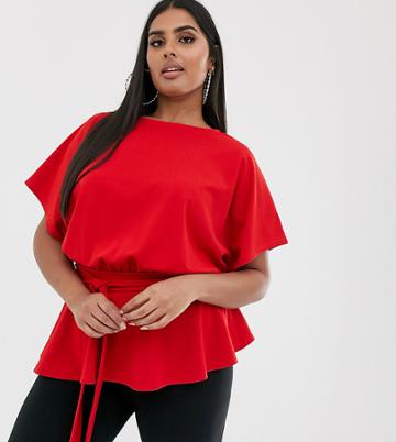Boohoo Plus Exclusive Angel Sleeve Blouse With Peplum Hem In Red - Red