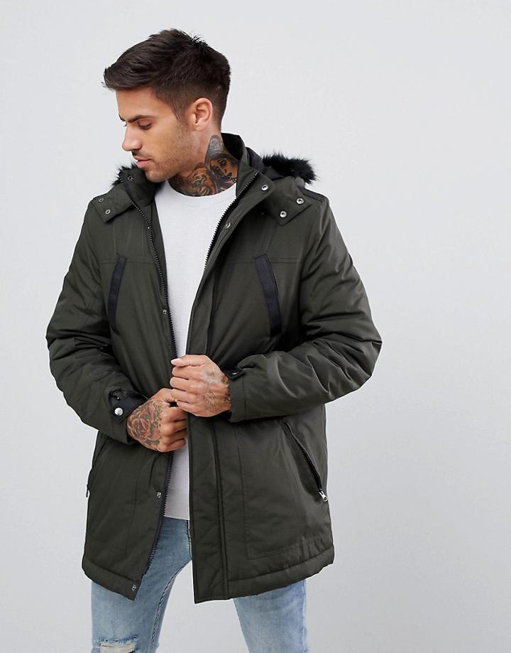 Asos Design Parka Jacket With Faux Fur Trim In Khaki-green