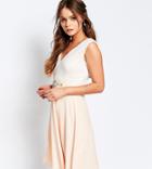 Elise Ryan Midi Dress With Lace Bodice And Embellished Waist - Beige