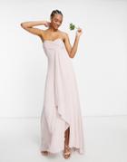 Tfnc Bridesmaid Pleat Wrap Front Bandeau Ruffle Hem Maxi Dress With Thigh Slit In Mink-pink