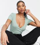 Asos Design Tall Ribbed Wrap Top With Cap Sleeves In Sage-green