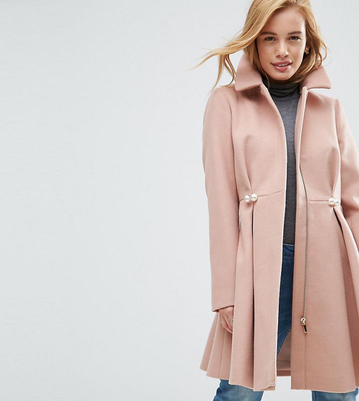 Asos Petite Pearl Trim Skater Coat - Stone