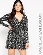 Asos Curve Wrap Front Romper In Mono Print With Long Sleeves - Mono