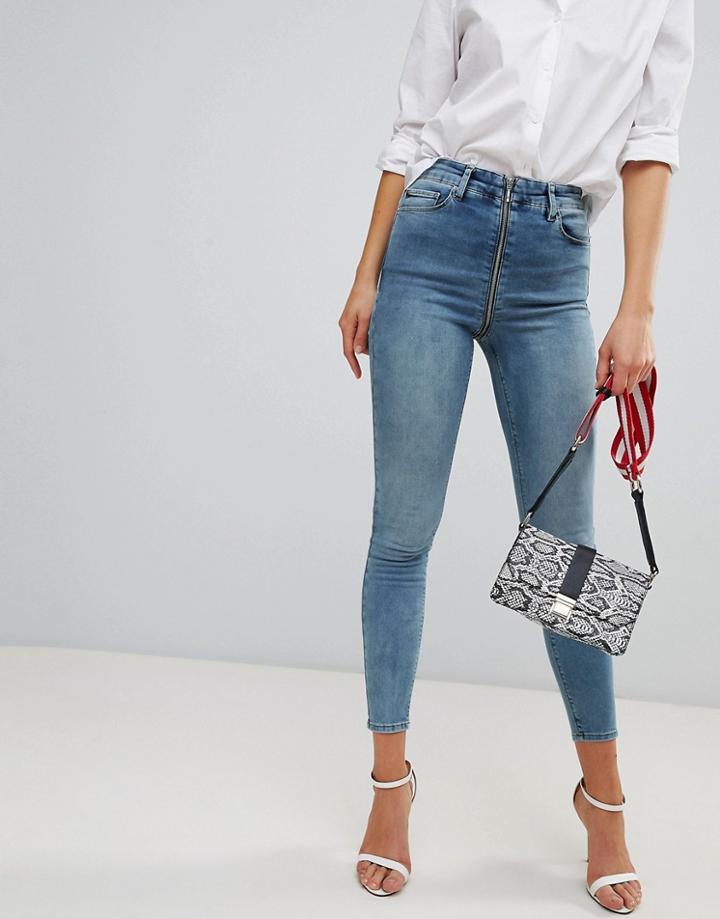 Asos Design Ridley High Waist Skinny Jeans With Zip Rise Detail In Oxford Wash - Blue