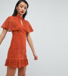 Fashion Union Tall High Neck All Over Lace Dress With Peplum Hem - Red