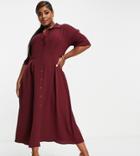 Asos Design Curve Button Through Waist Midi Shirt Dress In Oxblood-red