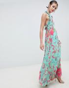 Asos Design Pleated Maxi Dress With Ruffle Open Back In Vintage Floral - Multi