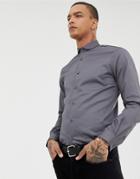 Twisted Tailor Skinny Fit Shirt In Charcoal With Curved Collar-gray