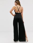 Asos Design Satin Square Neck Jumpsuit With Cross Back And Split Leg-black