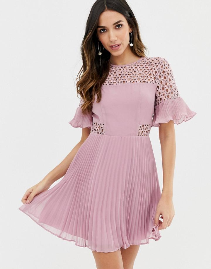 Asos Design Lace Insert Pleated Mini Dress-pink