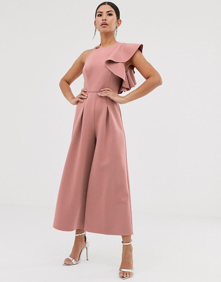 Asos Design Ruffle Shoulder Scuba Cut Out Back Jumpsuit-beige