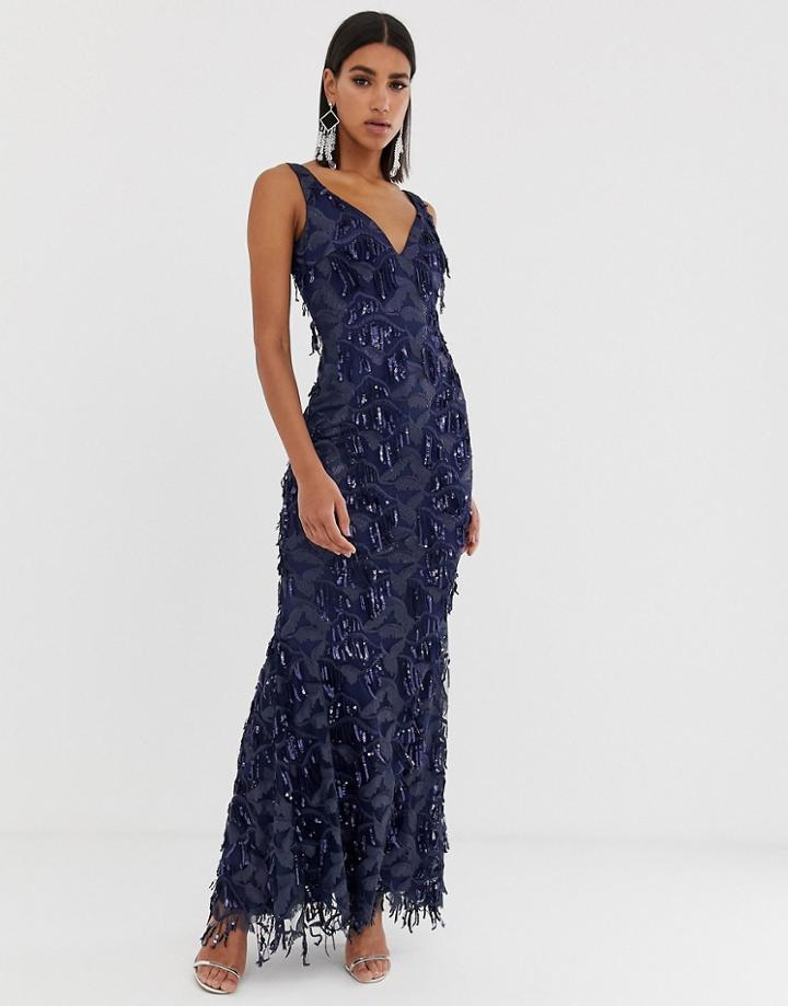 Goddiva Plunge Maxi Dress With Fringed Sequin In Navy - Navy