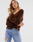 Asos Design Fluffy V Neck Ribbed Sweater With Balloon Sleeve In Recycled Blend-brown