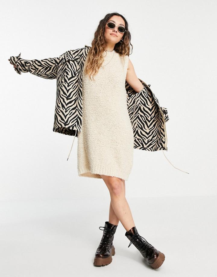 Topshop Knitted Boucle Sleeveless Dress In Cream-white
