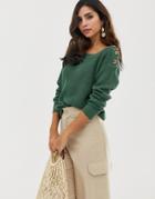 Vila Button Shoulder Chunky Knit Sweater - Green