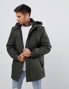 Asos Design Parka Jacket With Faux Fur Trim In Khaki - Green