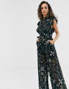 We Are Kindred Ambrosia Frill Sleeve Floral Jumpsuit - Black