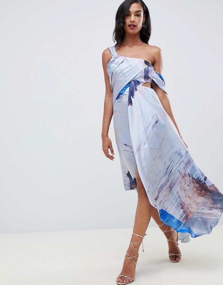 Asos Design Drape Shoulder Midi Dress In Abstract Print-multi