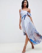 Asos Design Drape Shoulder Midi Dress In Abstract Print-multi