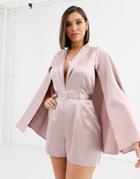 Asos Design Satin Cape Sleeve Romper With Rhinestone Belt