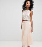 Lace & Beads Pleated Midi Skirt With Embellished Waistband In Nude - Pink