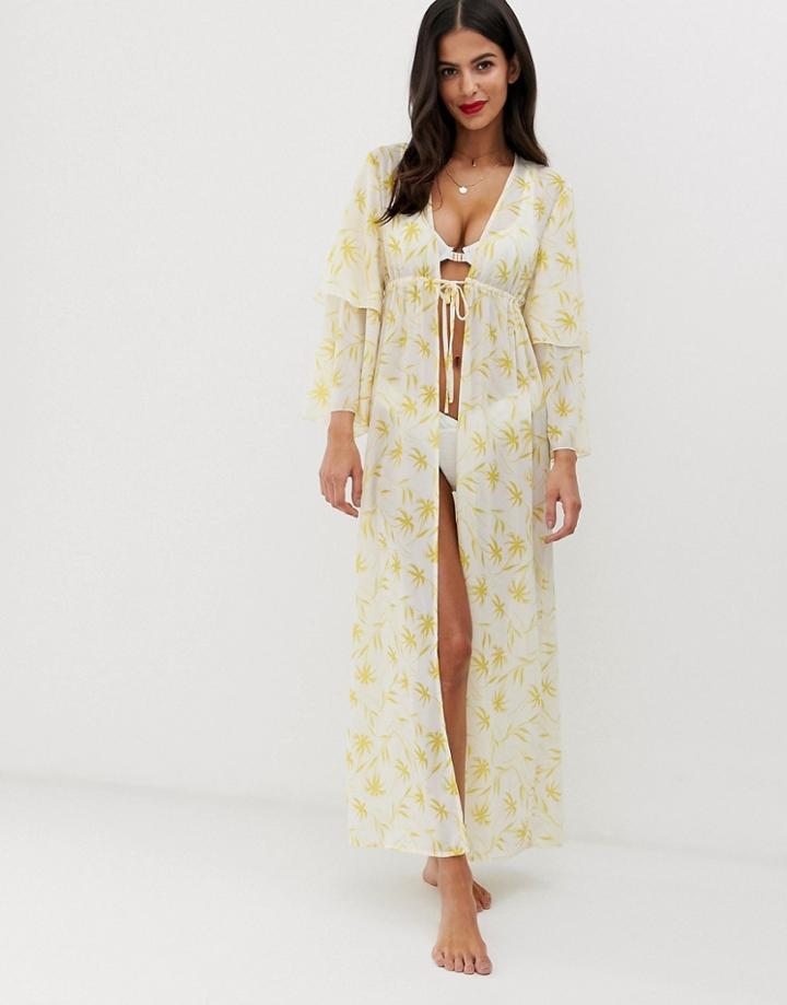 Unique21 Yellow Ditsy Palm Print Tie-front Maxi Caftan - Multi
