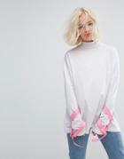 Lazy Oaf Oversize Long Sleeve T-shirt With Tie Sleeves And Nightmare Neck Embroidery - White