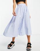 Asos Design Button Through Midi Skirt In Blue Cotton Stripe-multi