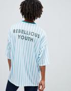 Asos Design Longline Oversized Stripe T-shirt With Rebelious Youth Back Print - Blue