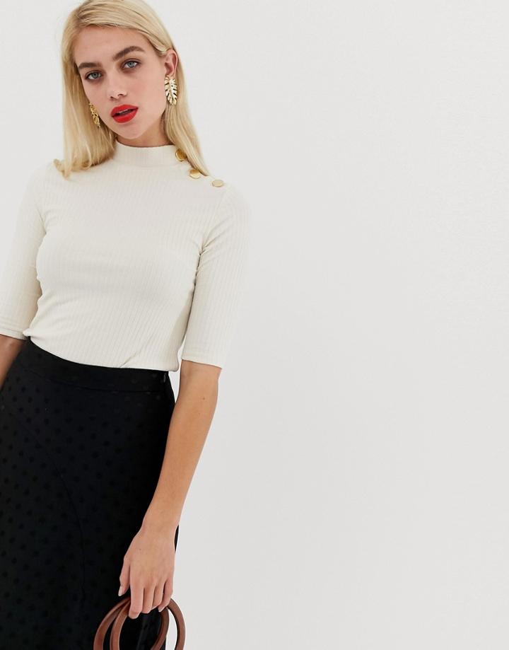 Mango Button Detail Jersey Top In Beige - White