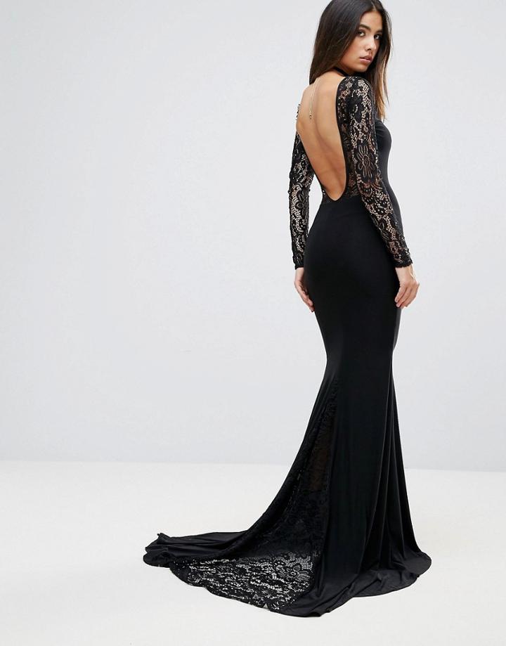 Club L Maxi Dress With Lace Panel Detail - Black