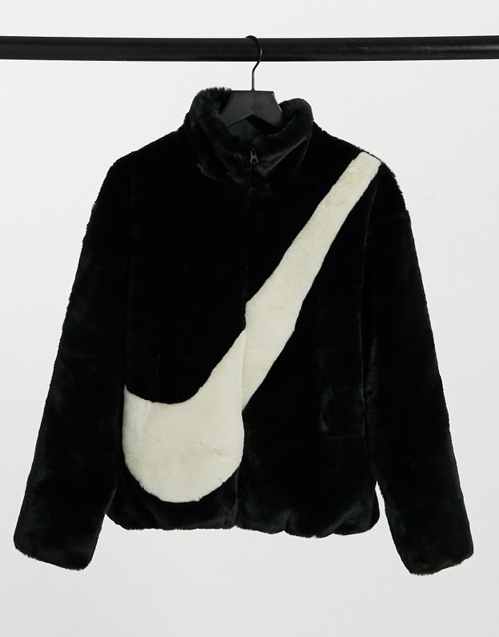 Nike Faux Fur Oversized Swoosh Jacket In Black