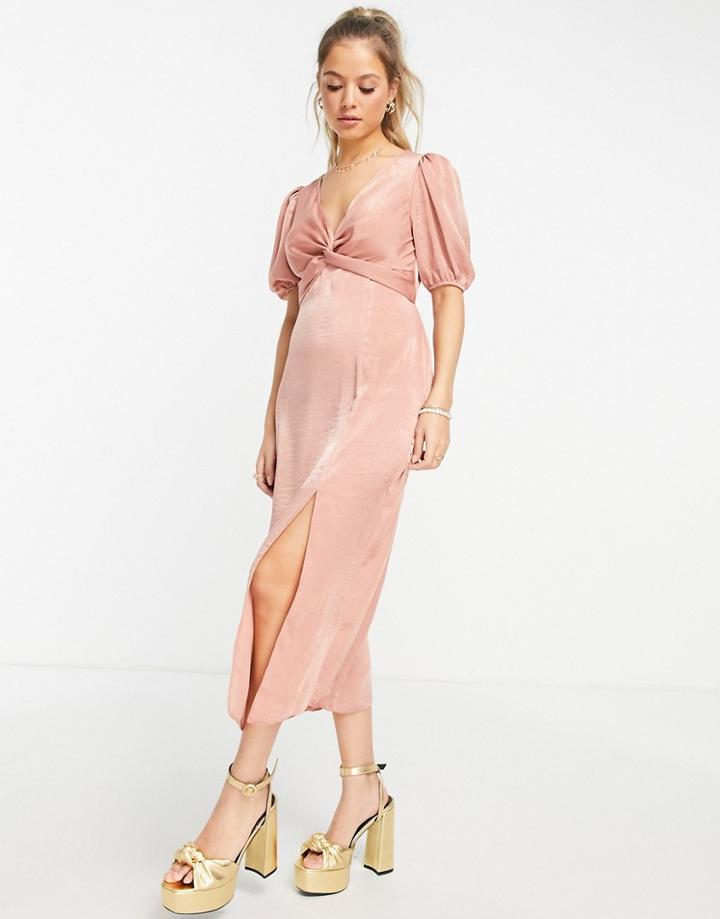 Miss Selfridge Velvet Satin Twist Front Midi Dress In Dark Blush-pink