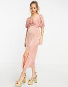 Miss Selfridge Velvet Satin Twist Front Midi Dress In Dark Blush-pink