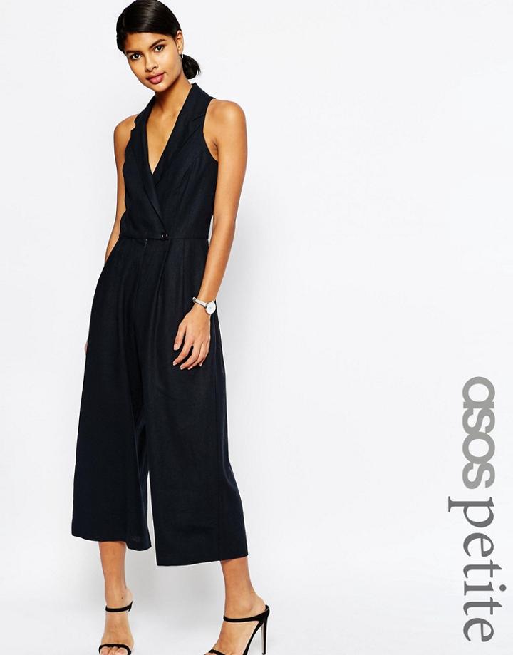 Asos Petite Sleeveless Jumpsuit In Linen - Navy
