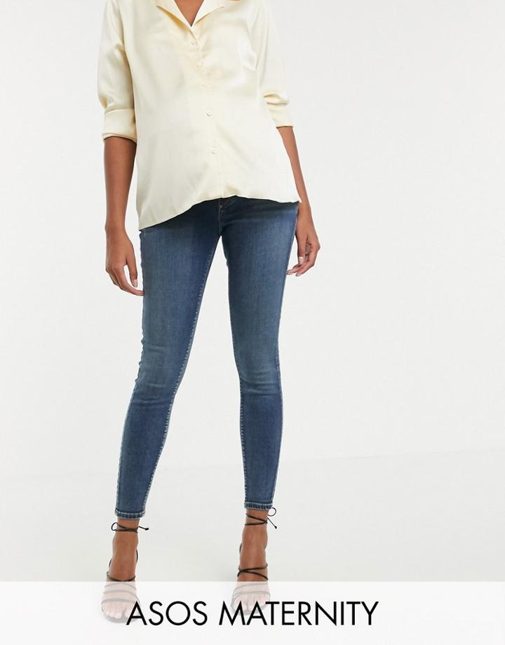 Asos Design Maternity Ridley High Waisted Skinny Jeans In Extreme Dark Stonewash Blue With Under The Bump Waistband - Blue
