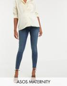 Asos Design Maternity Ridley High Waisted Skinny Jeans In Extreme Dark Stonewash Blue With Under The Bump Waistband - Blue