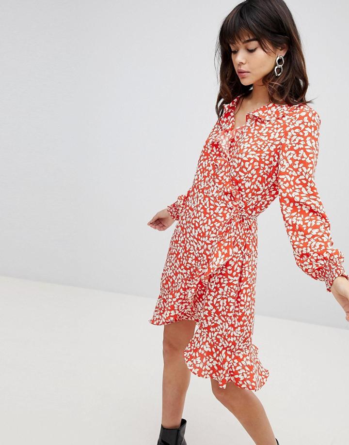 Vero Moda Printed Ruffle Wrap Dress - Orange