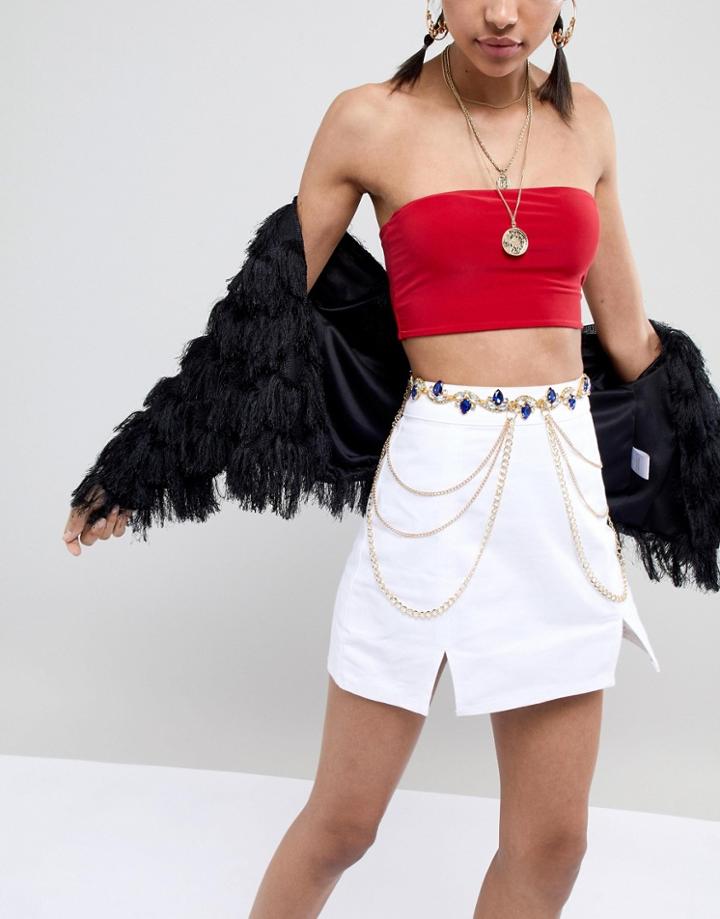 Savage Rainbow Encrusted Gem Drop Chain Belt - Gold