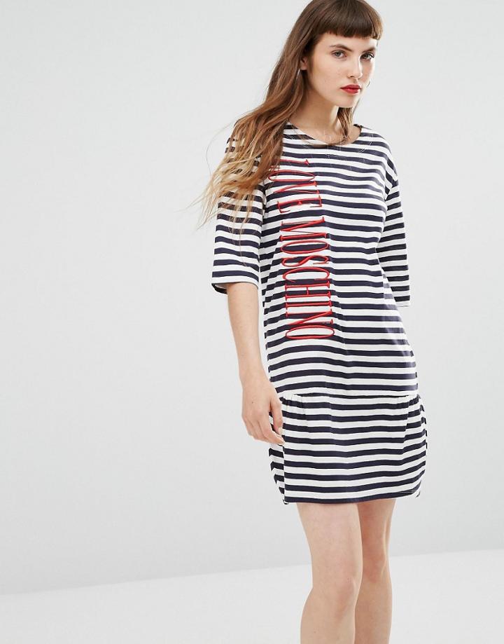 Love Moschino Striped Embroidered Logo Dress - Blue