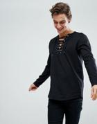 Asos Longline Long Sleeve T-shirt With Curved Hem And Deep Contrast Lace Up V Neck - Black