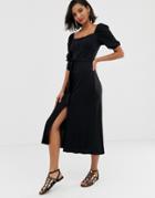 Asos Design Midi Button Through Square Neck Dress With Belt-black